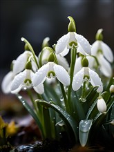 Snowdrops clustered with water droplets adorning white petals, AI generated