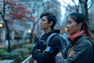 Two university students with backpacks contemplating in an urban autumn setting, AI generated