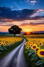 Countryside road meandering through vibrant sunflower fields, AI generated