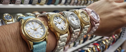 Hands choosing from a variety of swiss wristwatches laid out in retail display, AI generated