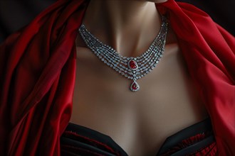 A detailed silver necklace displayed on a mannequin draped in red fabric, AI generated