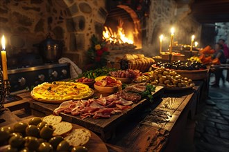 Warm candlelight illuminates a medieval-style feast with rustic dishes and a stone hearth, AI