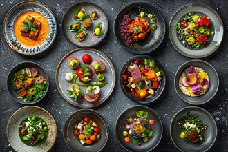 Colorful gourmet dishes arranged on a dark surface, showcasing diverse flavors, AI generated