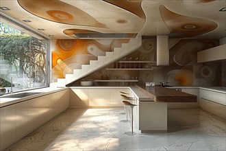 A modern kitchen with organic shapes and wood accents is flooded with natural light, AI generated