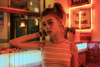 Trendy young woman in a contemplative pose at a diner lit by neon lights, AI generated