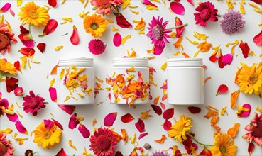 Three creme jar blank mockups nestled amidst delicate flower petals on a white background AI