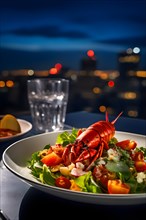 Gourmet lobster salad on a rooftop restaurant table city skyline backdrop, AI generated
