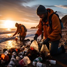 Beach volunteers collecting litter with background showcasing the vast ocean, AI generated