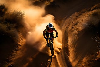 Mountain biker silhouette setting sun backdrop trail of dust rugged path, AI generated