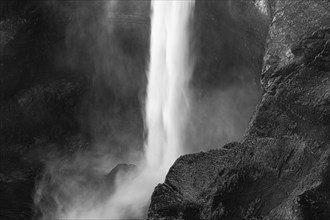 Foaming Halfoss waterfall, black and white photo, Sudurland, Iceland, Europe