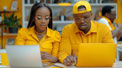 Two african individuals in matching yellow outfits working on laptops in an office setting, AI