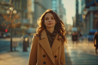 Fashionable woman in autumn coat looking thoughtful in city during golden hour, AI generated