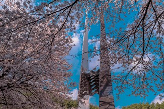 Two tall metal columns of memorial seen through cherry blossom tree branches against beautiful blue