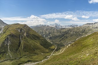 View from the Furka Pass into the Rhone Valley, in the background the serpentines of the Grimsel