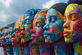 Vibrant mosaic-patterned sculptures lined up in profile view, illustration, AI generated