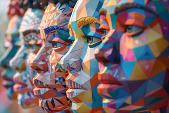Vibrant, colorful geometric mosaic of abstract faces in profile view, illustration, AI generated