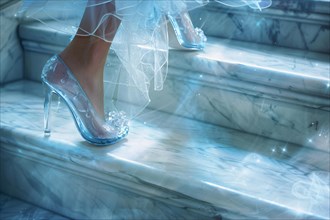 Close up of woman's feet in glass high heel shoes walking up stairs. KI generiert, generiert, AI