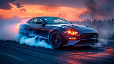 American classic Muscle car performing burnout with smoke on a twilight background, AI generated