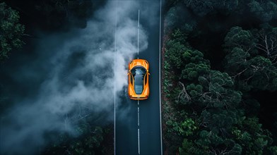 Aerial view of an orange sports car on a winding road through a foggy forest, drone aerial view, AI