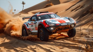A white rally car competes in a desert, sand flying around as it powers through dunes, ai