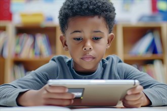 A pre-school boy sits in a classroom and looks intently at a digital tablet, symbol image, digital