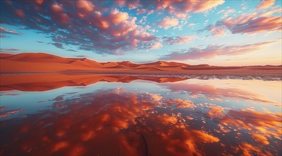 Sunset reflects on water amidst a tranquil desert with vibrant sand dunes and clouds, ai generated,