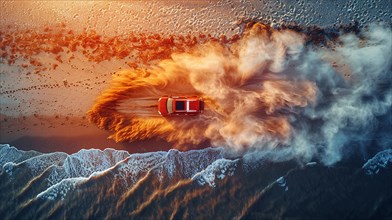 An SUV splashing through sea waves, creating dramatic white foam, action sports photography, AI