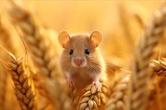 Cute small mouse in grain field. KI generiert, generiert, AI generated