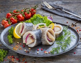 Food, rollmops on a plate, fish, AI generated, AI generated