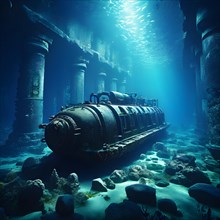 Deep sea submersible bathed in artificial light navigates through murky waters, AI generated, deep