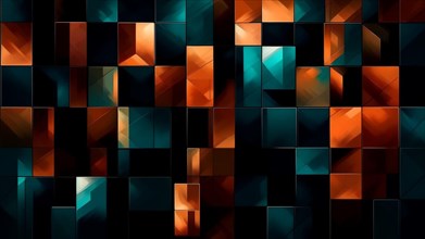 A vibrant grid of glossy geometric blocks creating a three-dimensional effect in orange and teal,