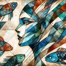 Dynamic abstract of a woman's face with fish, in a geometric style, square aspect, AI generated