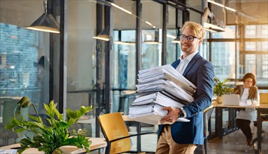 Cheerful businessman carrying a large pile of documents in the office, symbol bureaucracy, AI