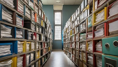 Well-organised archive with many files on shelves in an office, symbol bureaucracy, AI generated,