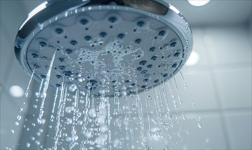 Streaming water droplets from the nozzle of a shower in a clean bathroom AI generated