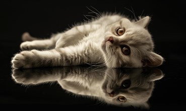 A white kitten is reflected on a shiny surface, looking aside with a curious expression AI