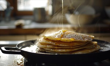 Steaming hot pancakes with powdered sugar in a skillet AI generated