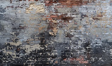 A highly textured wall with peeling paint revealing brick layers beneath AI generated