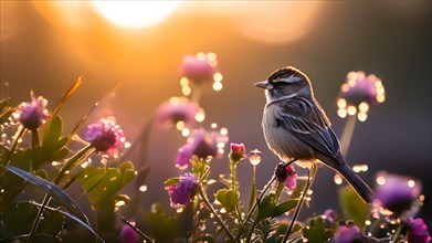 Early spring sunrise illuminating wildflowers and a sparrow, AI generated