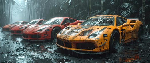 Line of luxury yellow sports cars in a wet jungle setting, exuding exclusivity, AI generated
