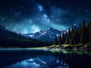 Serene summer lake with dense forests mirroring on placid water under star speckled milky way at