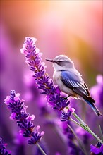 Lavender flower with focus on songbird perched amidst petals, AI generated