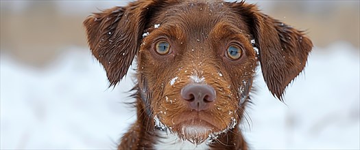 Close-up of an attentive dog with wet fur and snowflakes in winter, AI generated