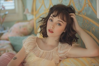 Elegant woman with a soft gaze posing in a room with vintage decor, AI generated