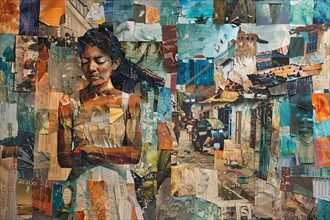 Dynamic mixed media collage of a woman in an urban setting with rich textures and cultural
