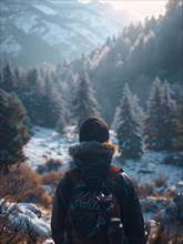 A hiker facing a snowy forest landscape with mountains in the distance, AI generated