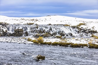 Small waterfall, onset of winter, Fjallabak Nature Reserve, Sudurland, Iceland, Europe