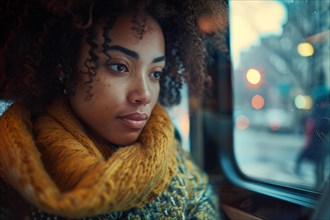 Woman looking out the bus window with a contemplative gaze during evening time, AI generated