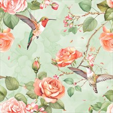 Seamless watercolor pattern with rose flowers and hummingbirds AI generated