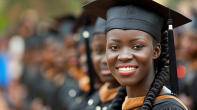 A smiling young woman in academic dress celebrates her graduation, AI generated